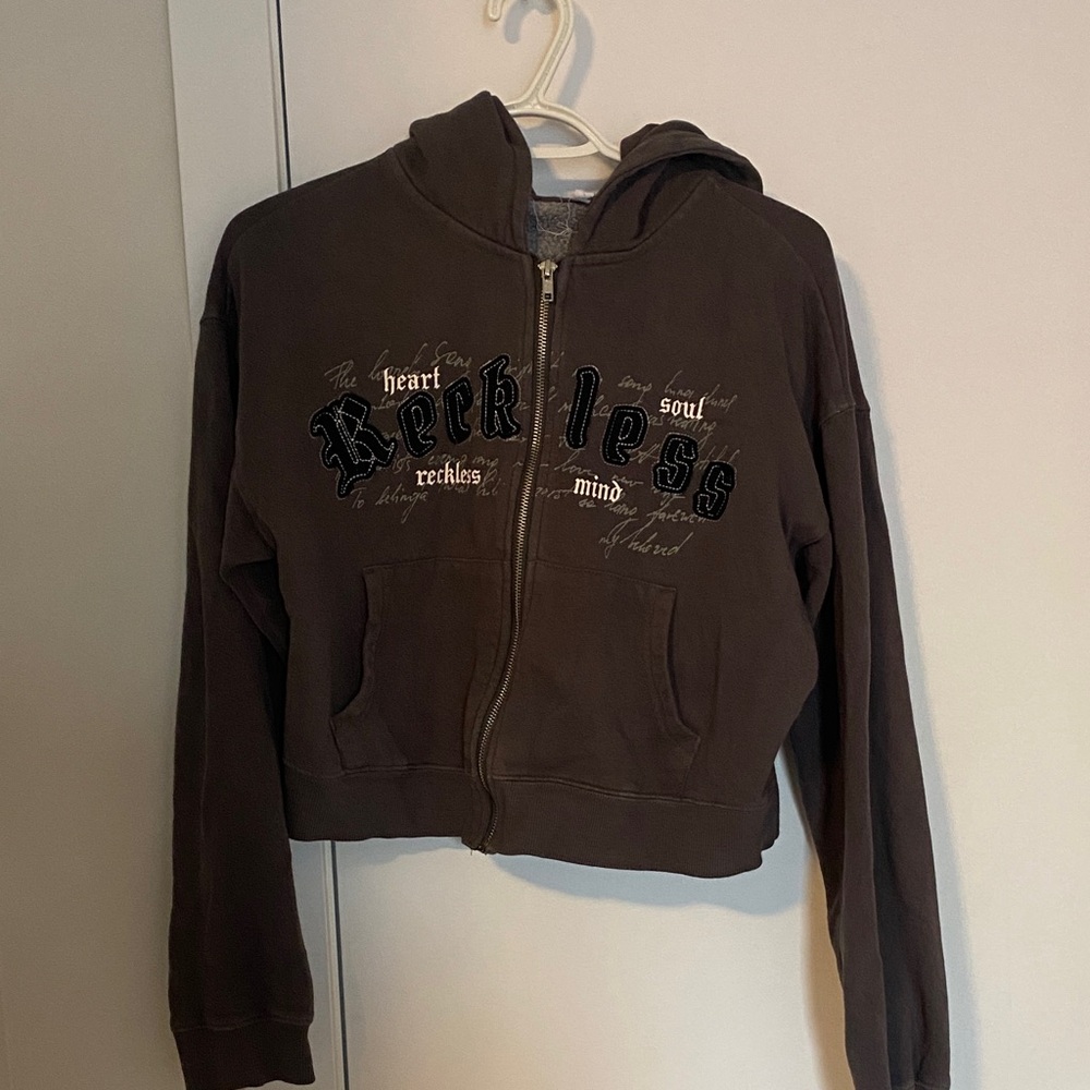Ardene Brown 'Reckless' Zip-Up Hoodie Jacket